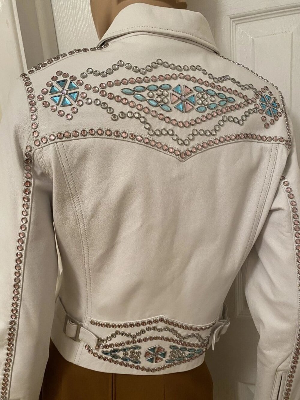 CRIPPLE CREEK Off White Leather Rhinestones Embellished Blingy Jacket S Small - Picture 15 of 16